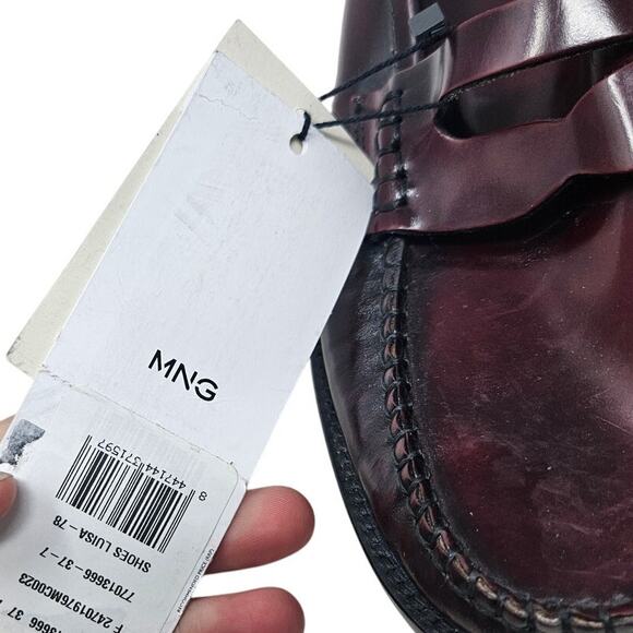 NEW MNG Mango 37 Burgundy Oxblood Leather Penny Loafer Academia Minimalist - Picture 5 of 5